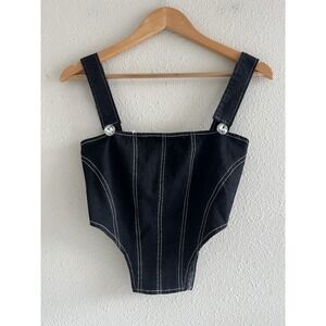 MISS8 Los Angeles Corset Top Black Denim Zip Uo Convertible Rhinestone Coquette
